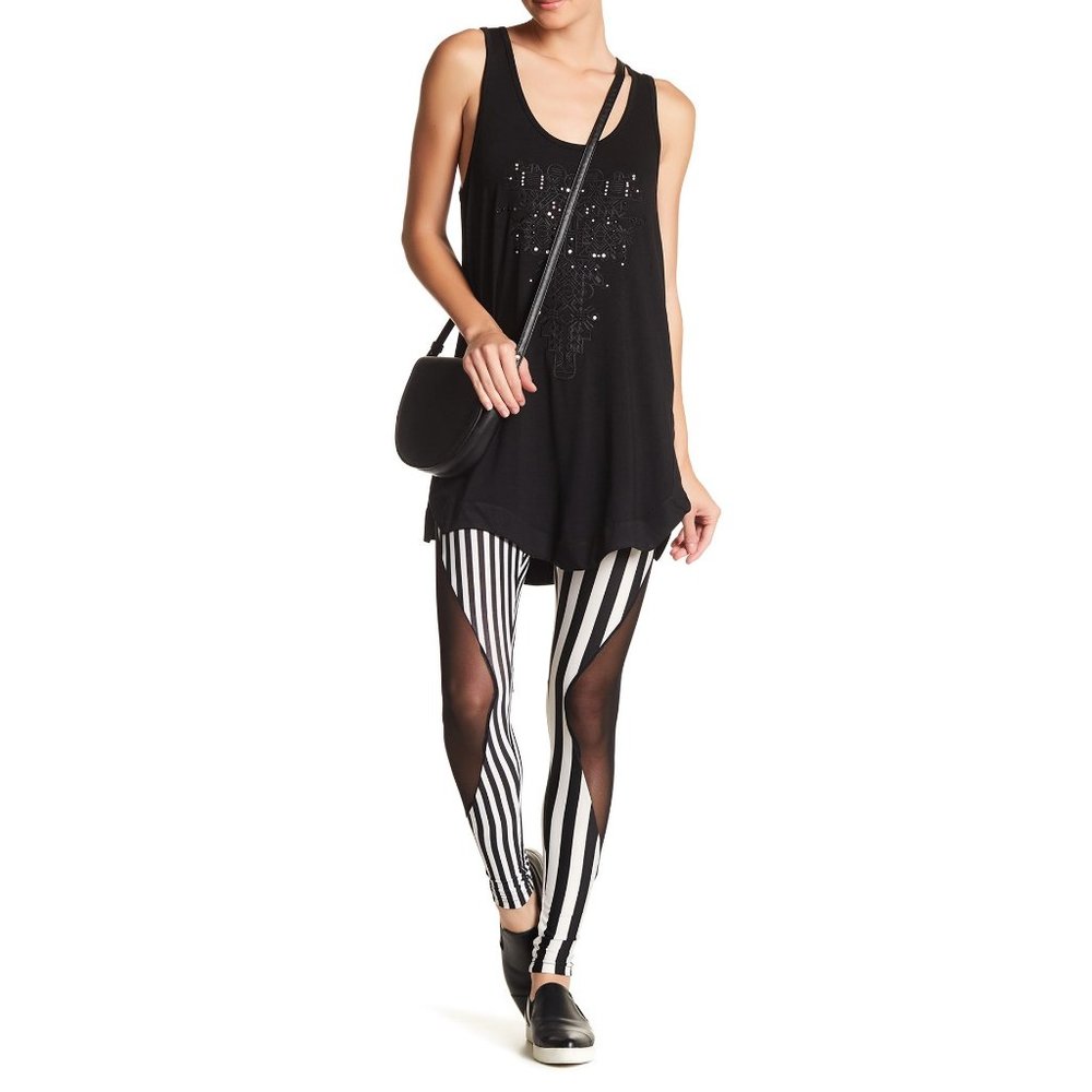 NEW TOV HOLY Striped Black & White Mesh Insert Leggings S M L MSRP $60